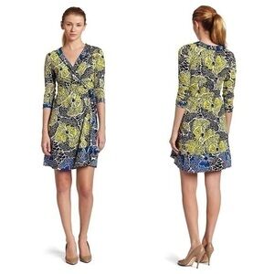 BCBGMaxazria Lemon Colbalt floral print yellow blue faux wrap dress small SS18